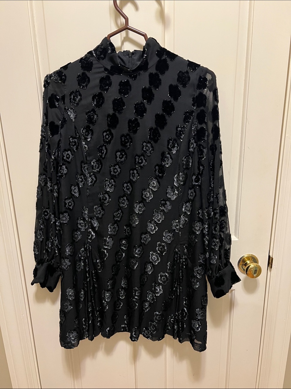 Anna Sui Black Velvet Burnout Floral Long Sleeve Dress